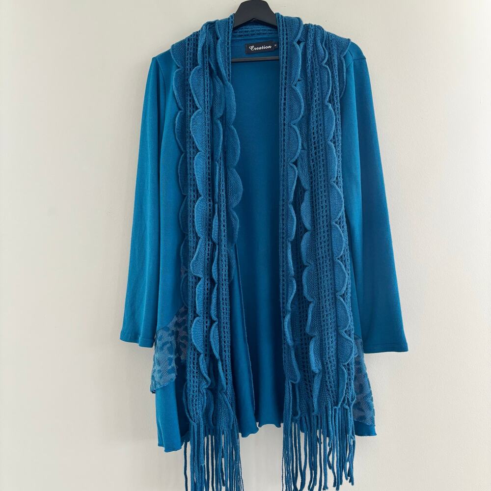 Y2K Creations Long Cardigan Blue Crochet Trim with Fringe Detail Women's Size M